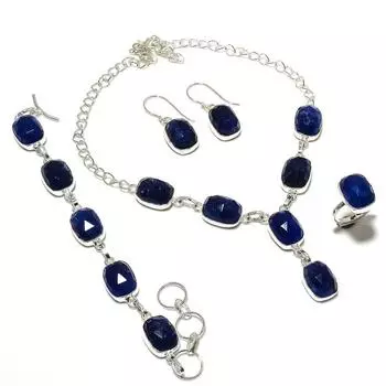 Сапфир(Смоделированный) Комплект ювелирных изделий из серебра 925 пробы с драгоценными камнями ручной работы P1K59