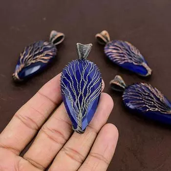 Сапфир(Смоделированный) Подвеска из медной проволоки с драгоценными камнями ручной работы 2,84 дюйма W8D91