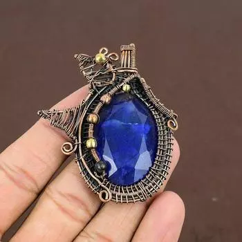 Сапфир(Смоделированный) Подвеска из медной проволоки с драгоценными камнями ручной работы 2,56 дюйма H7r81
