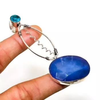 Сапфир(Смоделированный), Подвеска с серебряным покрытием из синего топаза 925 пробы 2,84 дюйма 2.84 синий