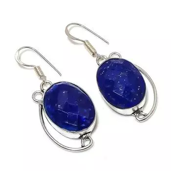 Серьги ручной работы из стерлингового серебра 925 пробы с натуральным драгоценным камнем сапфиром 1,85 дюйма V6K02