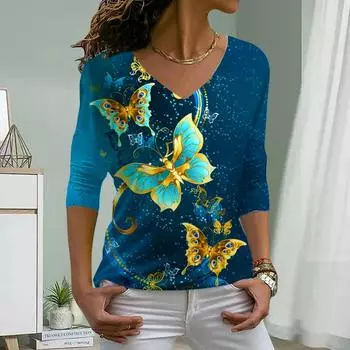 Сапфировая бабочка Принт Женские футболки Женские топы Длинные рукава V-образный вырез Пуловер Femme Футболки Футболка для женщин XS зелёный