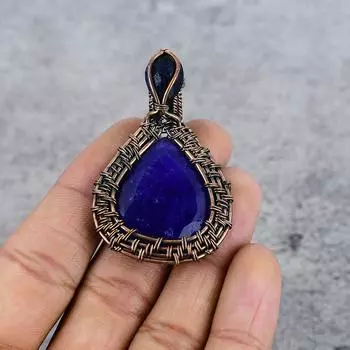 Сапфировый драгоценный камень Чистая медная проволока Обертка Ювелирная подвеска ручной работы 2.36 inches синий