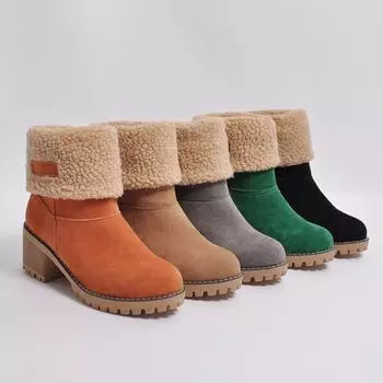 Сапоги большого размера 35–43, плюшевые теплые ботинки на высоком каблуке для женщин, зимняя обувь, водонепроницаемые женские сапоги 35 бежевый