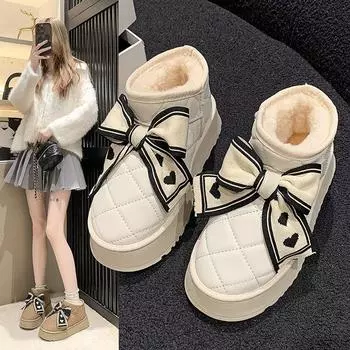 Сапоги Bow Snow Boots женские зимние бархатные утолщенные хлопковые сапоги теплые хлопковые туфли модные увеличивающие рост толстые подошвы симпатичные нескользящие сапоги 36 коричневый