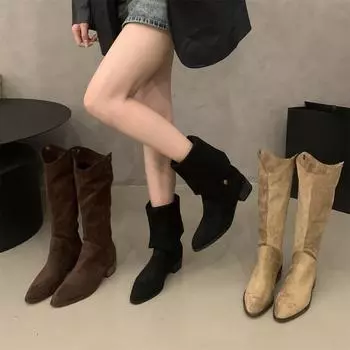 Сапоги цвета хаки на грубом каблуке, средние сапоги, женская обувь 2025 года, новые весенние, осенние и зимние замшевые тонкие длинные сапоги 35 хаки
