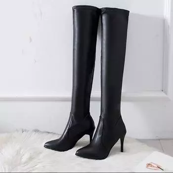 Сапоги длиной до колена женские весенне-осенние туфли черные тонкие высокие каблуки сексуальные заостренные длинные Bota Feminina каблук 10 см Botas De Mujer 35