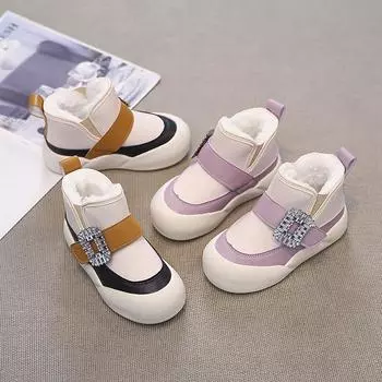 Сапоги для девочек на зиму, роскошные, со стразами, новые детские зимние сапоги, утолщенные, плюшевые, теплые, детские, принцесса, модные, ботильоны из хлопка 30 бежевый