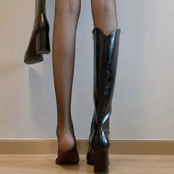 Сапоги до бедра для женщин осень-зима новые толстые каблуки сапоги женские толстые каблуки заостренные до колена рыцарь 35