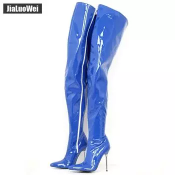 Сапоги до бедра, сексуальные высокие сапоги в стиле фетиш, высокие сапоги выше колена на очень высоком каблуке 12 см, женские блестящие матовые лакированные женские сапоги из искусственной кожи 36 синий