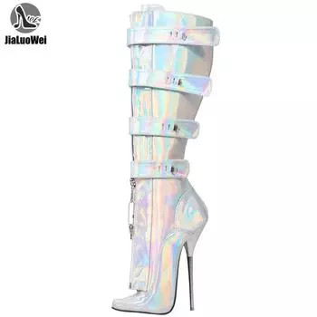 Сапоги до колена. Балетные сапоги на очень высоком каблуке 7 дюймов. Голографические цветные сексуальные сапоги с замком. 36