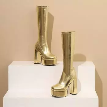 Сапоги до колена цвета металлик, розового, зеленого, фуксии, женские, на толстом каблуке, на толстой платформе, золотисто-серебряные, готические, эластичные 34