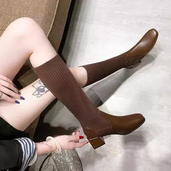 Сапоги до колена для женщин Стильные горячие продажи Женские длинные туфли Женские элегантные осенние туфли на танкетке с эластичной резинкой Горячие продажи 35