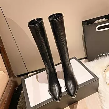 Сапоги до колена на квадратном каблуке, современные, с застежкой-молнией и острым носком, женские, 2024 г., высококачественные, новинка, женские сапоги на высоком каблуке 34 чёрный