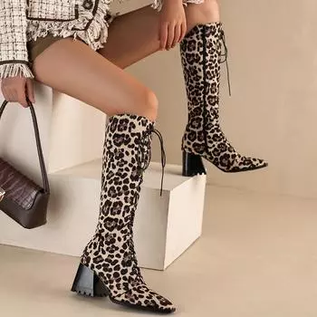 Сапоги до колена на массивном блочном каблуке, женские, на шнуровке, с молнией, с леопардовым принтом, большие размеры 47 48, женская обувь 34