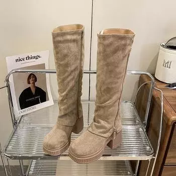 Сапоги до колена на очень высоком каблуке, современные сапоги на квадратном каблуке, зимние сапоги 2024 года, высококачественные женские сапоги на молнии с круглым носком 34 верблюд