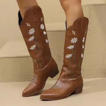 Сапоги до колена с цветочной вышивкой, женские, из искусственной кожи, на квадратном каблуке, в ковбойском стиле, женские, с острым носком, на среднем каблуке, длинные, Botas Mujer 36 коричневый
