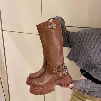 Сапоги до колена с квадратным носком и металлической пряжкой, женские черные высокие сапоги из искусственной кожи в стиле панк, женские мотоциклетные ботинки на массивном каблуке, осень 2024 35 чёрный