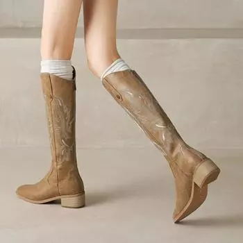 Сапоги до колена с вышивкой в стиле ретро, женские ковбойские сапоги в стиле вестерн, новые длинные ботинки без шнуровки Botas Mujer, размер 43, ботинки челси на платформе 36