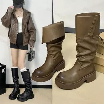 Сапоги до колена женские модные женские сапоги на пуговицах с низким каблуком рыцарские сапоги новые осенне-зимние женские длинные сапоги Zapatos De Mujer 35 чёрный