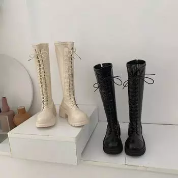 Сапоги до колена женские сапоги на толстом каблуке женские черные мотоциклетные ботинки модные боты на шнуровке готические черные женские ботинки на платформе женские 35 бежевый