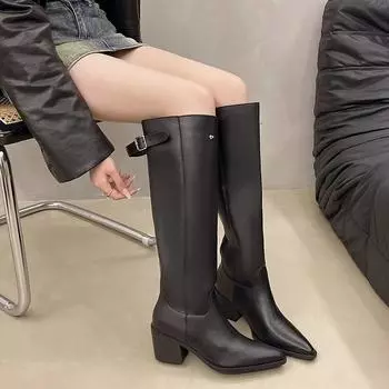 Сапоги до колена женские туфли с острым носком на высоком каблуке зимние новые трендовые кожаные готические туфли без застежек теплые зимние туфли Botas Mujer Luxury Pumps 35