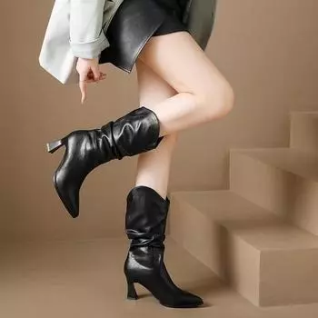 Сапоги до середины голени с плиссировкой, женские зимние сексуальные короткие сапоги в стиле вестерн на толстом каблуке с острым носком, высокие сапоги 35 чёрный