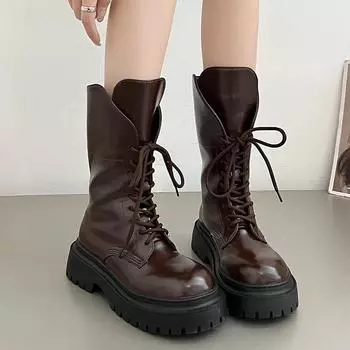 Сапоги до середины голени женские осенне-зимние модные на шнуровке с застежкой-молнией Botas Mujer Ботинки спортивные на платформе и каблуке женские ботинки женские 35 чёрный