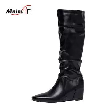 Сапоги до середины голени женские плоские увеличивающие рост весенне-осенние плиссированные сапоги длинные ковбойские сапоги в стиле вестерн обувь большого размера 34-46 35