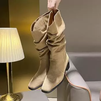 Сапоги до середины голени Женские туфли на плоской подошве Весна Осень Женские высокие сапоги Длинные ковбойские сапоги в стиле вестерн Женская обувь 35