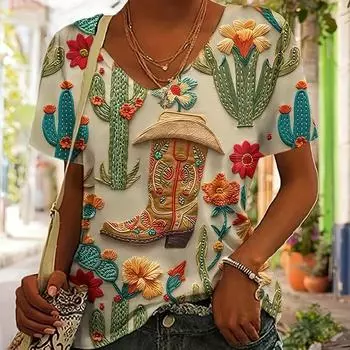 Сапоги и футболка с V-образным вырезом с принтом кактусов, повседневная футболка с коротким рукавом на весну и лето, женская одежда S