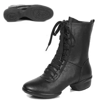 Сапоги из искусственной кожи с высоким берцем для женщин, модные легкие танцевальные ботинки для девочек, танцевальная обувь на шнуровке, обувь для танцев на открытом воздухе на среднем каблуке 34 чёрный