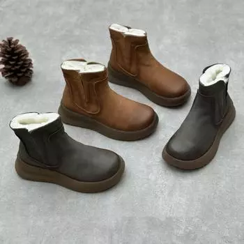 Сапоги из натуральной кожи и хлопка, винтажные, ручной работы, с круглым носком, на толстой подошве, утолщенные, теплые, из чистой шерсти 35 серый