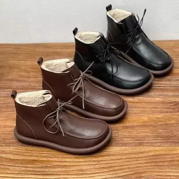 Сапоги из натуральной кожи и хлопка, винтажные, ручной работы, с круглым носком, на плоской подошве, теплые, из коровьей кожи 35 чёрный