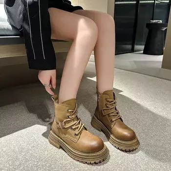 Сапоги из ревеня, ретро-сапоги на платформе, женские модные красивые ботинки на шнуровке 35 жёлтый