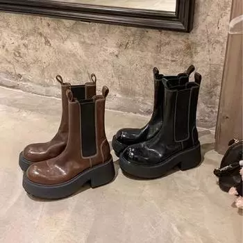 Сапоги из вымытой лошадиной кожи, толстые каблуки, ботинки-сигареты «Челси», женские ботинки «Мартин» 35