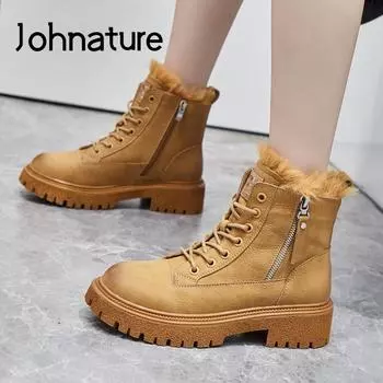 Сапоги Johnature, женская обувь, плюшевые теплые зимние ботинки на шнуровке с круглым носком для отдыха, удобные ботинки на платформе в сдержанном стиле шитья