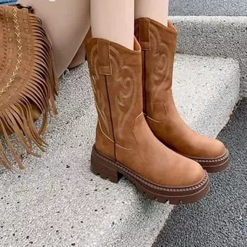 Сапоги ковбойские из коровьей кожи в стиле ретро с вышивкой для женщин, дизайнерская женская обувь на осень-зиму, модные повседневные ботинки для женщин 35