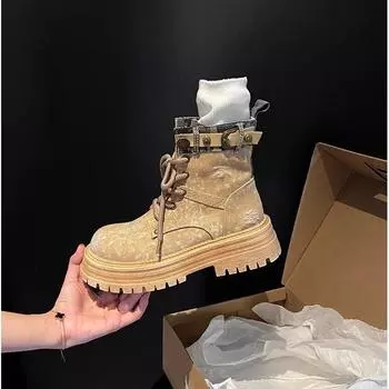 Сапоги Ковбойские сапоги Винтажные дышащие Модные удобные универсальные короткие сапоги Летние толстые женские сапоги Рабочие ботинки в британском стиле 35 чёрный