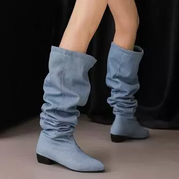 Сапоги ковбойские женские выше колена, осенние, плиссированные, на блочном каблуке, длинные, женские, с круглым носком, на низком каблуке, Botas Mujer 6