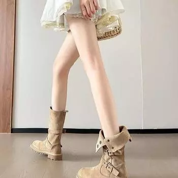 Сапоги-локомотивы цвета хаки с антибархатным покрытием, с круглым носком, с толстым каблуком, с пряжкой на ремне, среднего размера, женские сапоги среднего размера 35 хаки