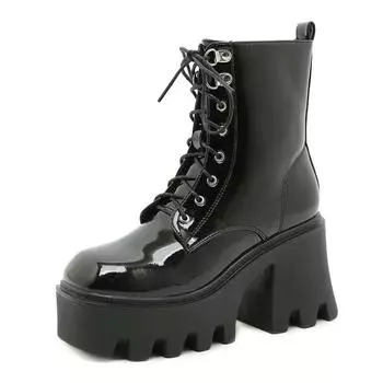 Сапоги на каблуке 8 см, лакированные кожаные короткие сапоги на толстом высоком каблуке со шнуровкой спереди, женские сапоги с плотной подошвой Lhx 35 чёрный