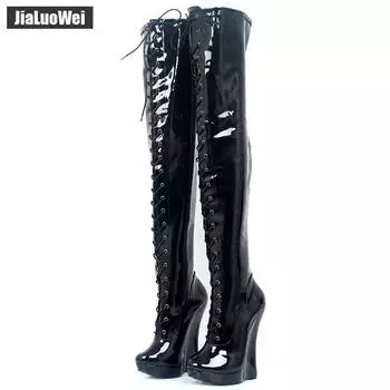 Сапоги на очень высокой танкетке 18 см, сексуальные высокие сапоги до бедра на платформе из искусственной кожи со шнуровкой и молнией 38 чёрный