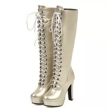 Сапоги на шнуровке до колена, женские зимние туфли, осенние, черные, золотые, серебряные, на высоком каблуке, на платформе, женские, из искусственной кожи, большой размер 46 34 чёрный