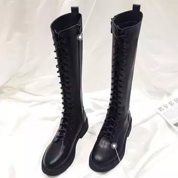 Сапоги на среднем каблуке, женские, с круглым носком и шнурками, черные, кожаные, со шнуровкой, до колена, высокие, женские, демисезонные, готические, Y2k, хит 35