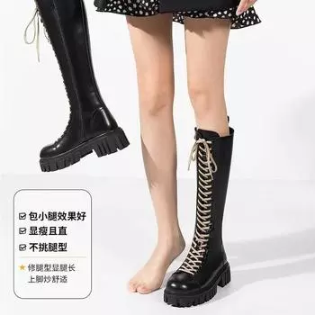 Сапоги на толстой подошве женские ножки тонкие ботинки Martin сапоги на шнуровке сапоги в стиле рыцаря сапоги-локомотива, но сапоги выше колена 35