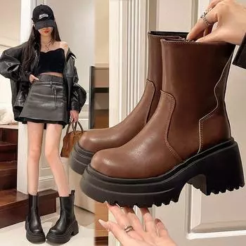 Сапоги на толстой подошве женские осенние толстые с сапогами на толстой подошве маленькие короткие сапоги модные и удобные 35 коричневый