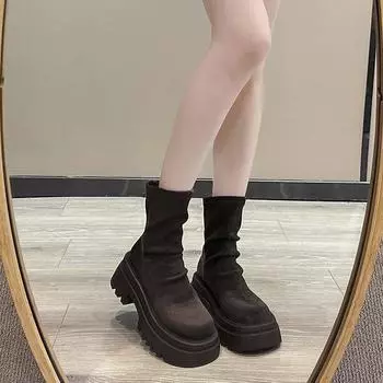 Сапоги на толстой подошве, женские, ранние осенние, коричневые, наборные, короткие, до середины голени, модные и удобные 35 коричневый