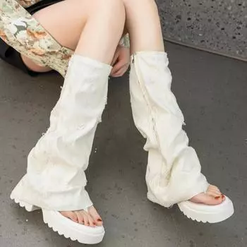 Сапоги на толстой подошве, женские туфли на платформе, летние белые джинсовые сапоги, женские сандалии, универсальные, но до колена, сапоги-трубы 34