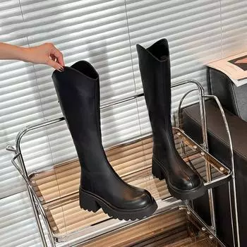 Сапоги на толстом каблуке и толстой подошве женские тонкие сапоги с V-образным вырезом новые осенние и зимние сапоги для детей 35